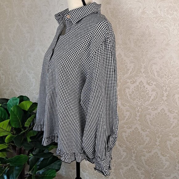 Cellabie Size 2XL Black/White Check Long Sleeve Blouse Collared Ruffle Trim NWT - Picture 5 of 15